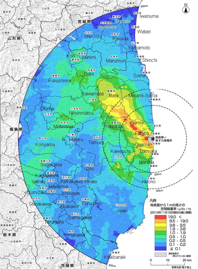 Die Dosisrate in einem Kreis vom 80 km um das AKW Fukushima I, gemessen am 16. November 2012, 1 m über den Boden.