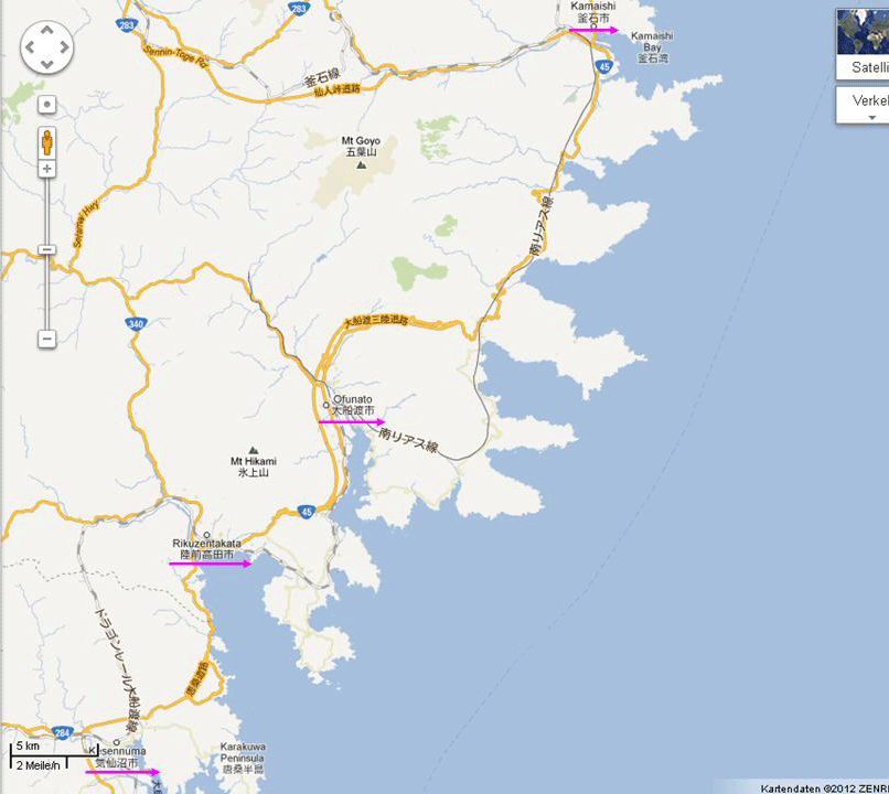 Meine Reise: von Süden nach Norden: Kesennuma → Rikuzen-Takata → Ofunato → Kamaishi.  